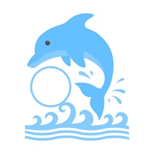 跳跃的海豚和飞溅的水。可爱的蓝色海豚与圆圈字母组合的卡通风格。池小册子或横幅的矢量插图。孤立