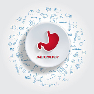 医学专科的图标。Gastrology 概念。矢量插画与手绘医学涂鸦