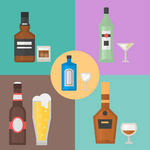 酒精饮料饮料鸡尾酒卡喝瓶啤酒饮料容器和菜单醉酒的概念不同瓶和眼镜矢量图