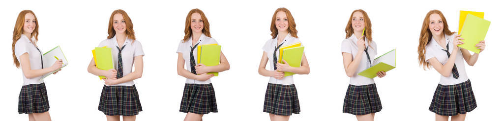 年轻的学生女性与教科书上白色孤立