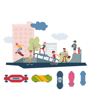 滑板活动人公园运动极限户外活动滑板城市跳跃技巧矢量插图