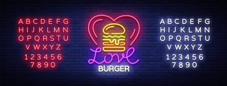 汉堡标志向量。爱汉堡设计模板灯箱, 汉堡街食品霓虹标牌, 轻旗, 霓虹灯夜快餐广告, 广告牌设计元素三明治。编辑文本霓虹灯符号