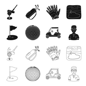 一个洞和一个标志, 一个高尔夫球, 一个高尔夫球手, 一个电动高尔夫球车领域。高尔夫俱乐部集合图标黑色, 轮廓样式矢量符号股票插