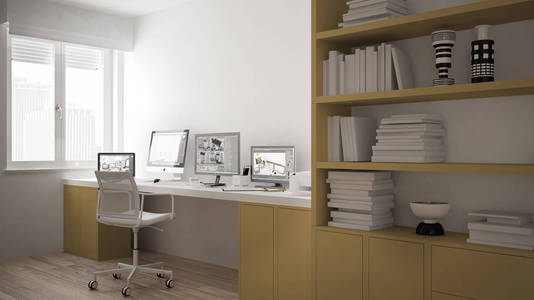 现代工作场所在简约的房子, 书桌与计算机, 大书架, 舒适的白色和黄色建筑室内设计