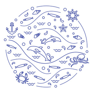可爱的矢量图和海豚，章鱼，鱼，锚，h