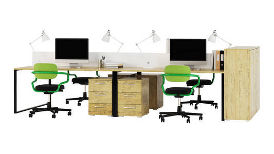 办公家具是由白色背景办公空间所统治。办公室设计。3d 渲染