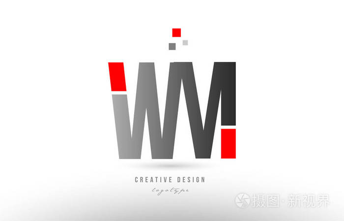 红色灰色字母表字母 wm w m 徽标组合图标设计