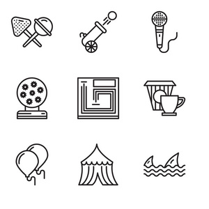 集9个简单的可编辑图标, 如鲨鱼, 帐篷, 气球, 咖啡, 棋盘游戏, 魔术球, 麦克风, 大炮, 糖果
