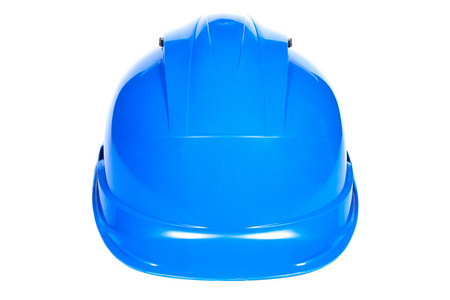 白色背景下蓝色防护头盔的特写