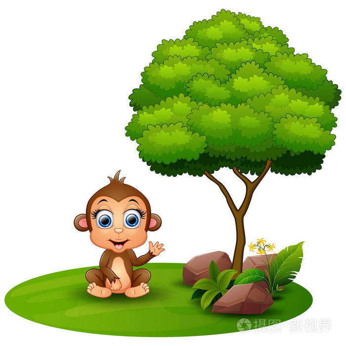 在一棵树下坐在白色背景上的卡通猴子