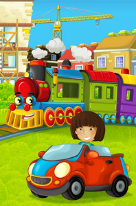 动画片滑稽看蒸汽火车通过城市和孩子驾驶在玩具车在它前面例证为孩子
