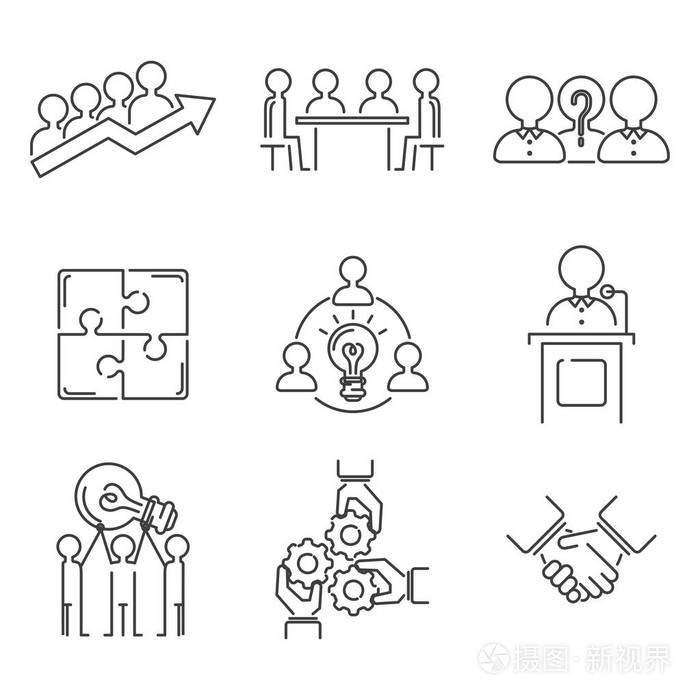 业务团队团队建设细线图标工作命令管理大纲人力资源概念矢量图