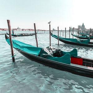 美丽的景色传统的缆车在运河大与大教堂 di 圣玛丽亚德拉致敬在威尼斯, 意大利