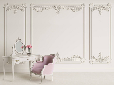 经典的家具在经典的内部与复制空间。白色墙壁与装饰和 ornated 檐口。数字插图. 3 d 渲染