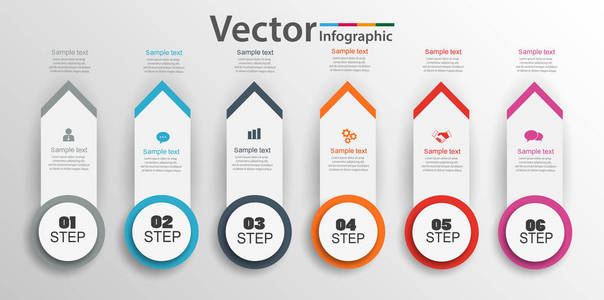 六步图表多彩的圆圈。可用于工作流布局图表业务步骤选项横幅网页设计。矢量 Eps 10