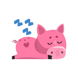 粉红色滑稽卡通猪睡觉 可爱的小猪字符矢量插图白色背景照片