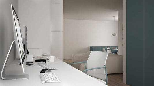现代工作场所在简约的房子, 办公桌与计算机, 关键词和鼠标, 舒适的白色和蓝色建筑室内设计