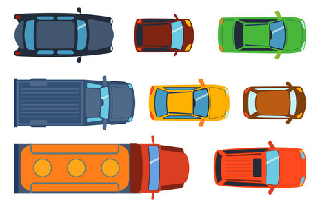 头顶上顶视图上丰富多彩的汽车玩具不同皮卡汽车运输和集合轮运输设计矢量图