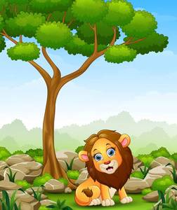 卡通狮子坐在丛林中