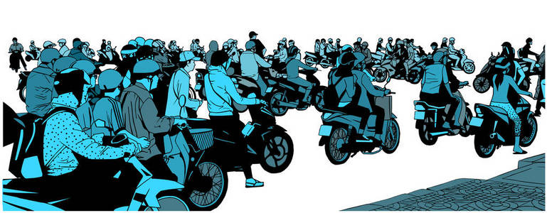忙着南东亚洲街景与摩托车和轻便摩托车的插图