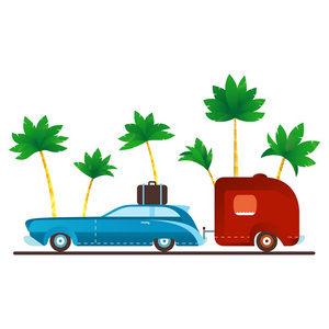 老式露营车与拖车在棕榈树背景