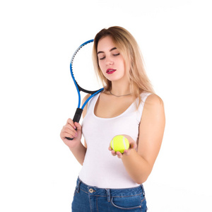 年轻可爱的女孩网球球拍, 孤立
