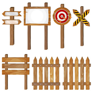 栅栏，木招牌，箭头标志，目标飞镖。向量集