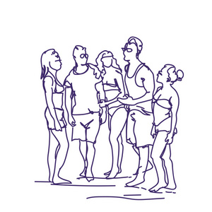 小组剪影人谈论站立在一起涂鸦男女朋友交流