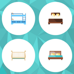 宿舍 双层床 胶辊和其他矢量对象组平面。此外包括婴儿床，双层床，双元素