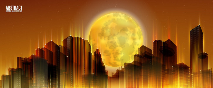 城市天际线与满月。橙色的夜晚背景。全景图宽度