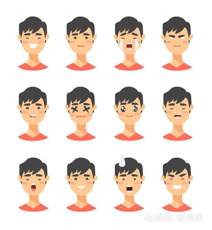 孤立的男孩头像与不同的面部表情.平面插画男装人脸情绪.手绘制的矢量