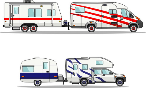 设置的汽车和平面样式在白色背景上旅行拖车。矢量图