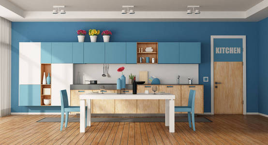白色和蓝色现代厨房