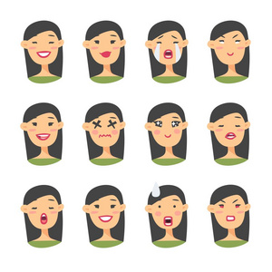 亚洲表情符号字符组。卡通风格表情图标。孤立的女孩头像与不同的面部表情。平面插画女性人脸情绪。手绘矢量绘图图释