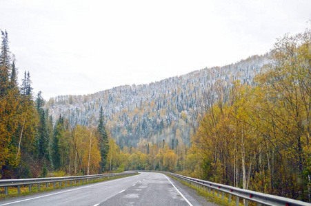 路在山中, 在秋天的森林之中。俄罗斯。taiga.西伯利亚
