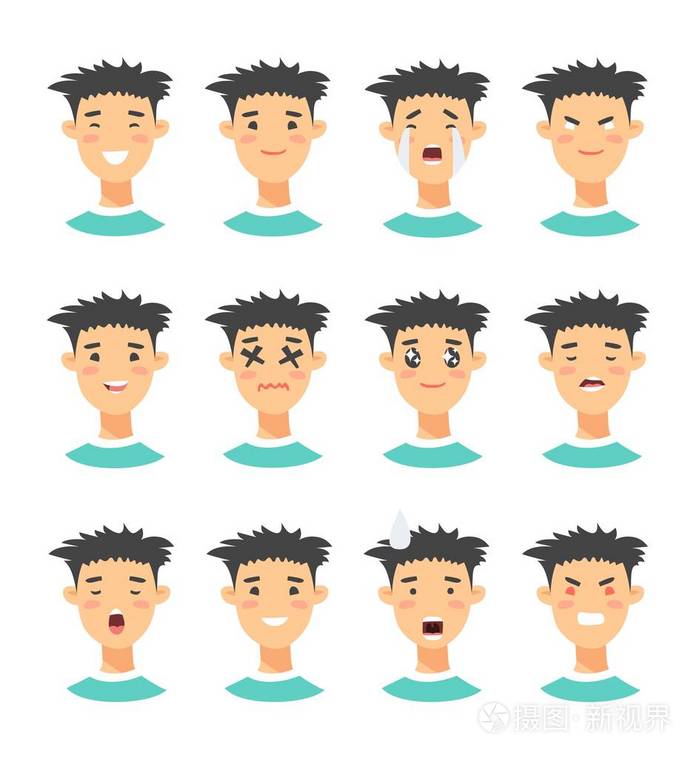 孤立的男孩头像与不同的面部表情.平面插画男装人脸情绪.手绘制的矢量