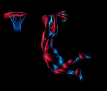 篮球运动员大满贯扣篮的霓虹灯发光剪影