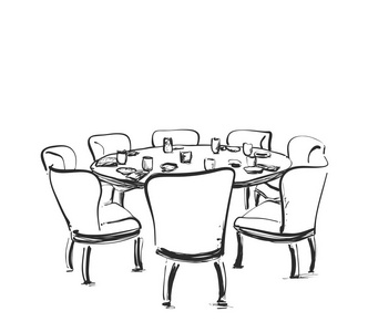 餐桌上有酒和花的酒杯, 手绘素描矢量插图。桌椅