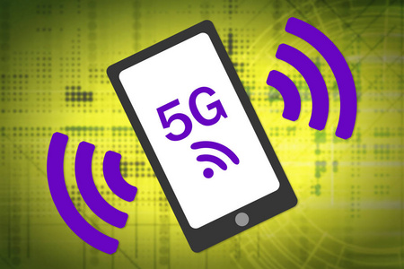 5g 无线概念。5g 智能手机与无线波形图标。互补色