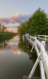 Wolsztyn, 波兰风景如画的木制人行道沿着湖岸边日落