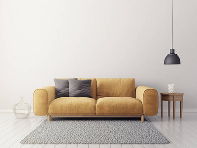 带黄色沙发的现代起居室。斯堪的纳维亚室内设计家具。3d 渲染插图