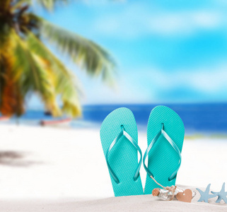 夏季的概念 人字拖鞋 夏天配件夏天海滩上