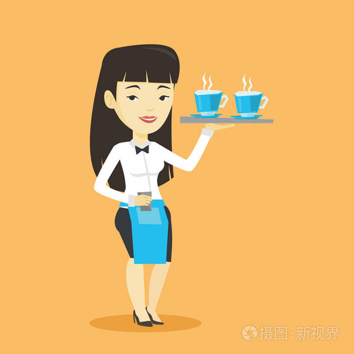 服务员拿着托盘与 coffeee 或茶杯子