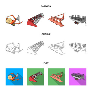犁, 结合脱粒机, 拖车和其他农业设备。农业机械集合图标在卡通, 轮廓, 平面风格矢量符号股票插画网站