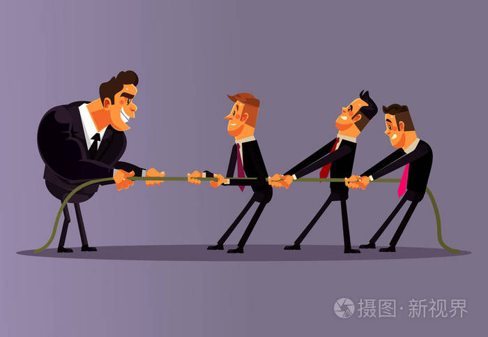办公室工作者人字符竞争和拉扯绳索在一起.团队竞争对手对抗.