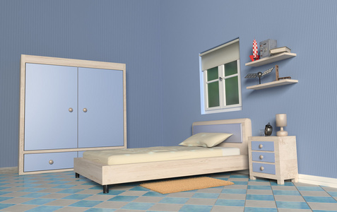 3d 渲染的蓝色的房间里和一个窗口