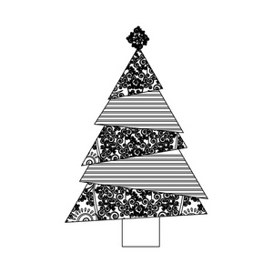单色背景的线条与蔓藤花纹抽象圣诞树
