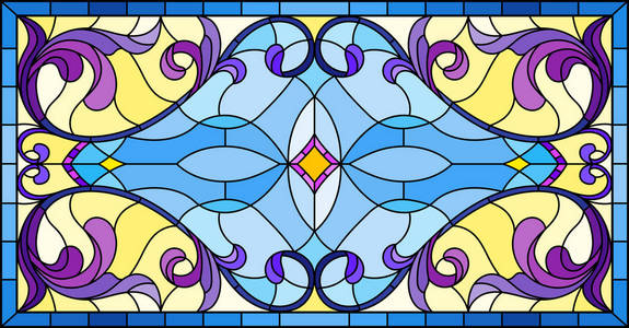 llustration 彩色玻璃风格与抽象的漩涡，在花和叶在明亮的背景下，水平方向上