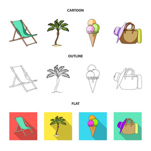 沙滩, 棕榈树, 冰淇淋。暑假集合图标在卡通, 轮廓, 平面风格矢量符号股票插画网站