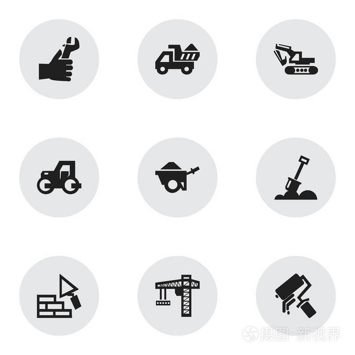 9 可编辑建筑图标集.包括磨砂, 手, 载重汽车等符号.